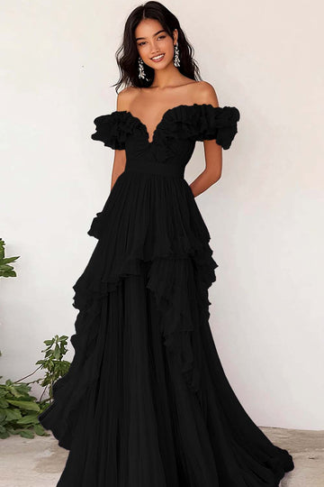 Black Chiffon Ruffled Off the Shoulder A Line Pleated Long Formal Dress